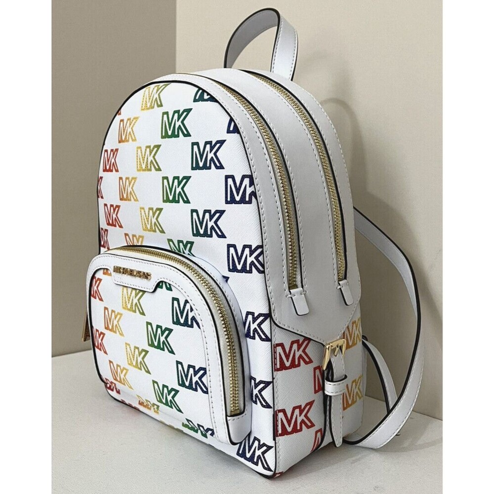 New Michael Kors Jaycee Medium Zip Pocket Backpack Pride Optic White Multi
